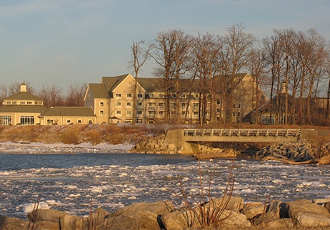 View of office building across a river